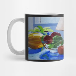 Still life with fruit, lamp and plant Mug